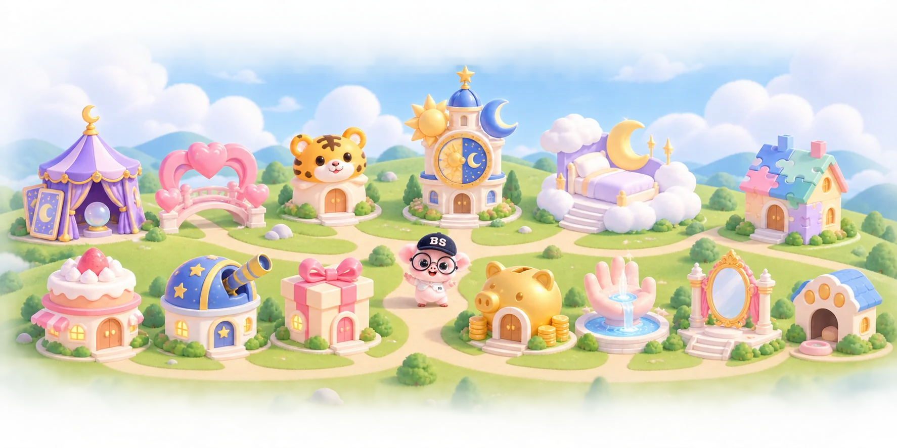 Pueblo de la Fortuna de Bujasaju: la carpa del tarot, el puente del amor, el jardín del zodiaco, la torre del sol y la luna, la cama de nubes, la casa rompecabezas, la casa pastel, el observatorio, la caja de regalo, la hucha de cerdito dorado, la fuente de la mano, el espejo y la casita de huellas, con el cerdito mascota con gorra BS